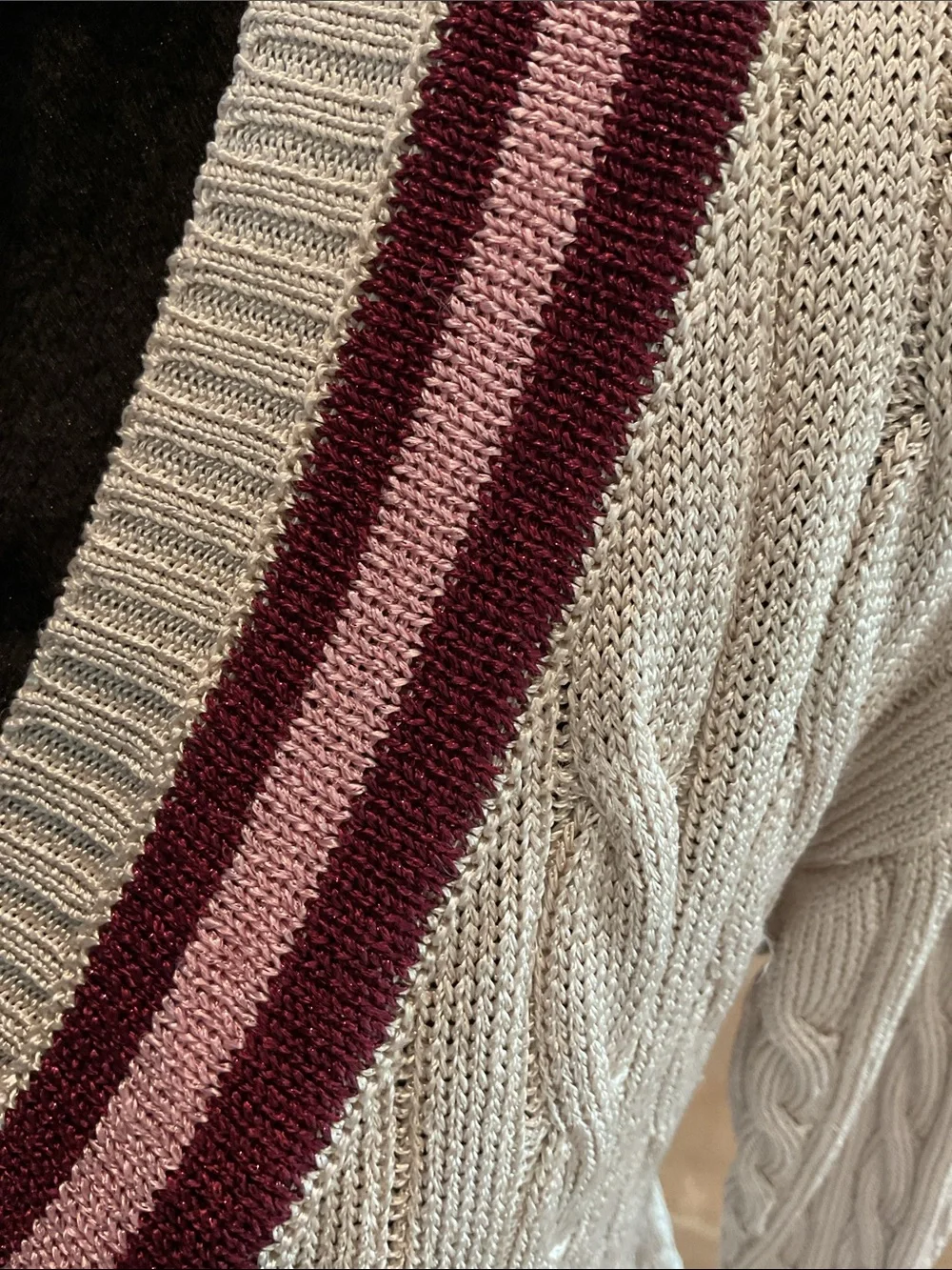 BOston Proper cable knit long sweater, v neck, oatmeal/wine/pink, size M
